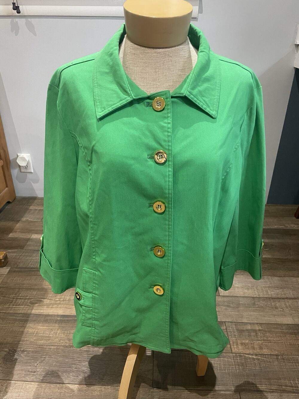 Attyre New York Kelley Green Gold Button-Front Jacket 3/4 Sleeves XL Old Money